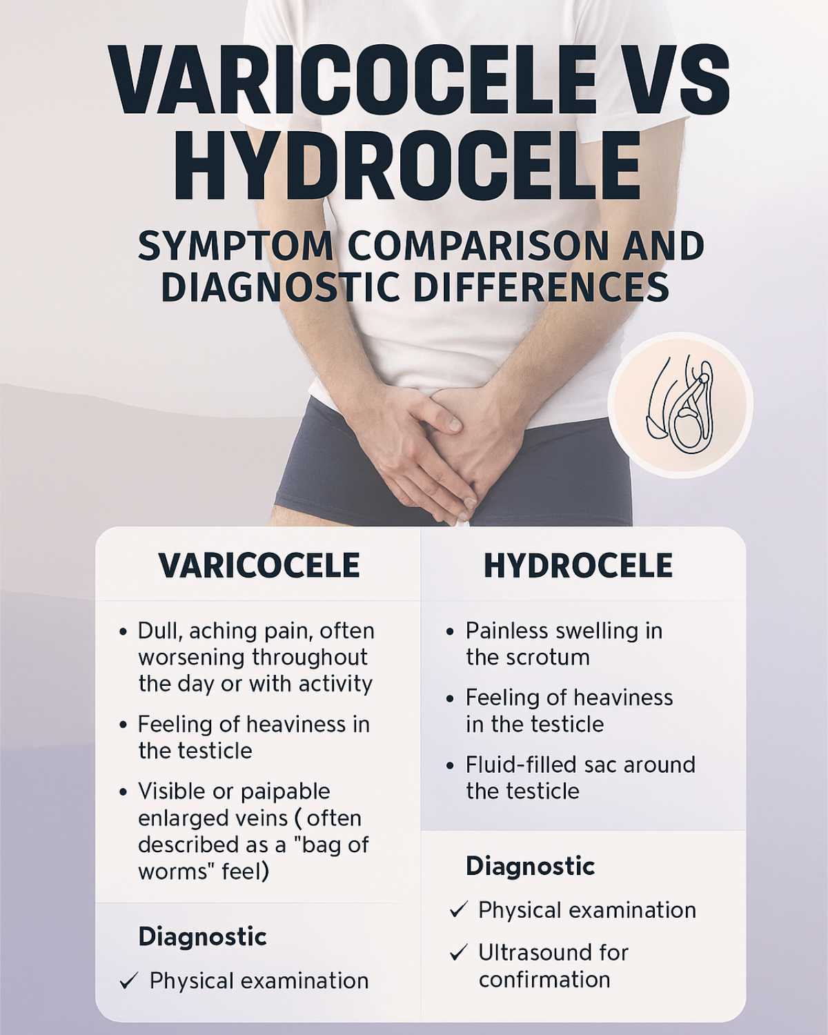 Varicocele vs hydrocele symptoms and diagnostic differences infographic with medical comparison chart