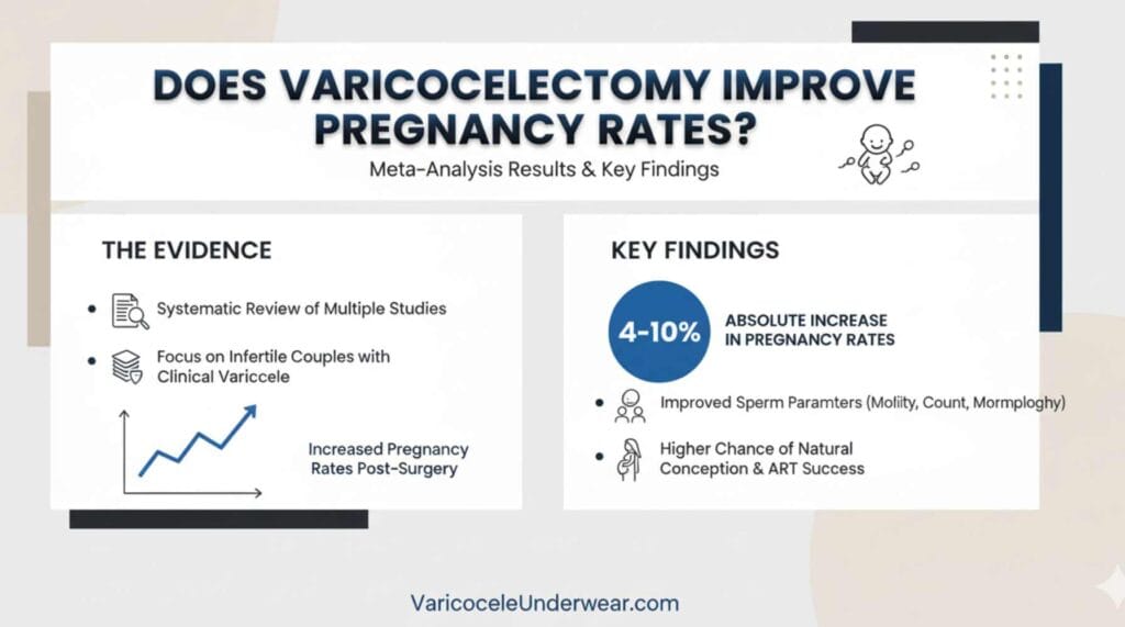 Timeline infographic showing sperm parameter improvements at 3 and 6 months after varicocelectomy surgery