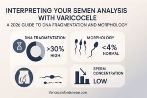 Semen Analysis Varicocele Guide 2026 Showing Dna Fragmentation, Sperm Morphology, And Concentration Impact In Male Fertility.