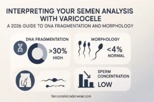 Semen Analysis Varicocele Guide 2026 Showing Dna Fragmentation, Sperm Morphology, And Concentration Impact In Male Fertility.