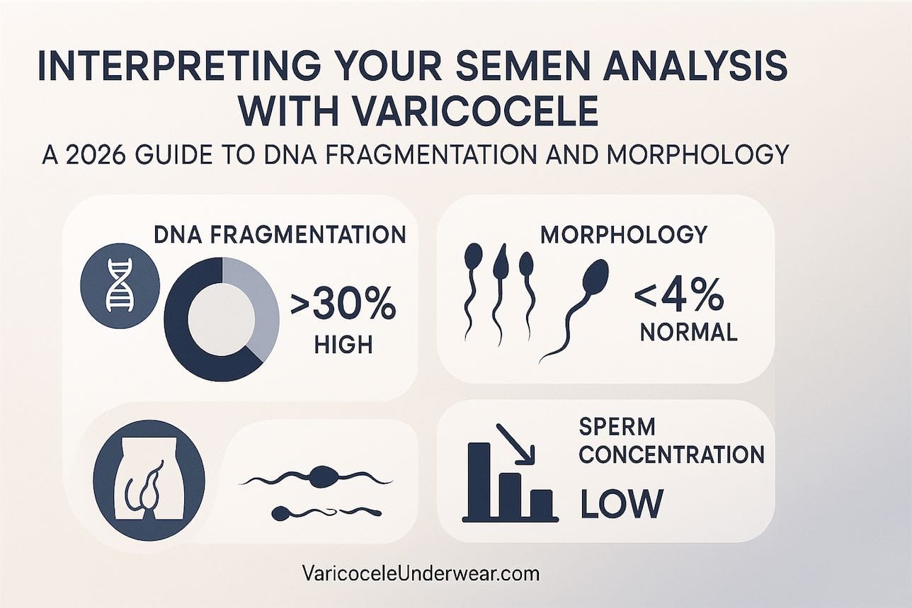 Semen Analysis Varicocele Guide 2026 Showing Dna Fragmentation, Sperm Morphology, And Concentration Impact In Male Fertility.