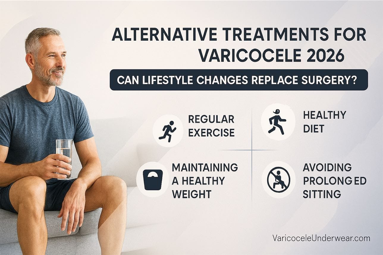 Varicocele Treatment Alternatives 2026 Infographic Showing Lifestyle Changes, Non-Surgical Options, And Surgery Comparison.