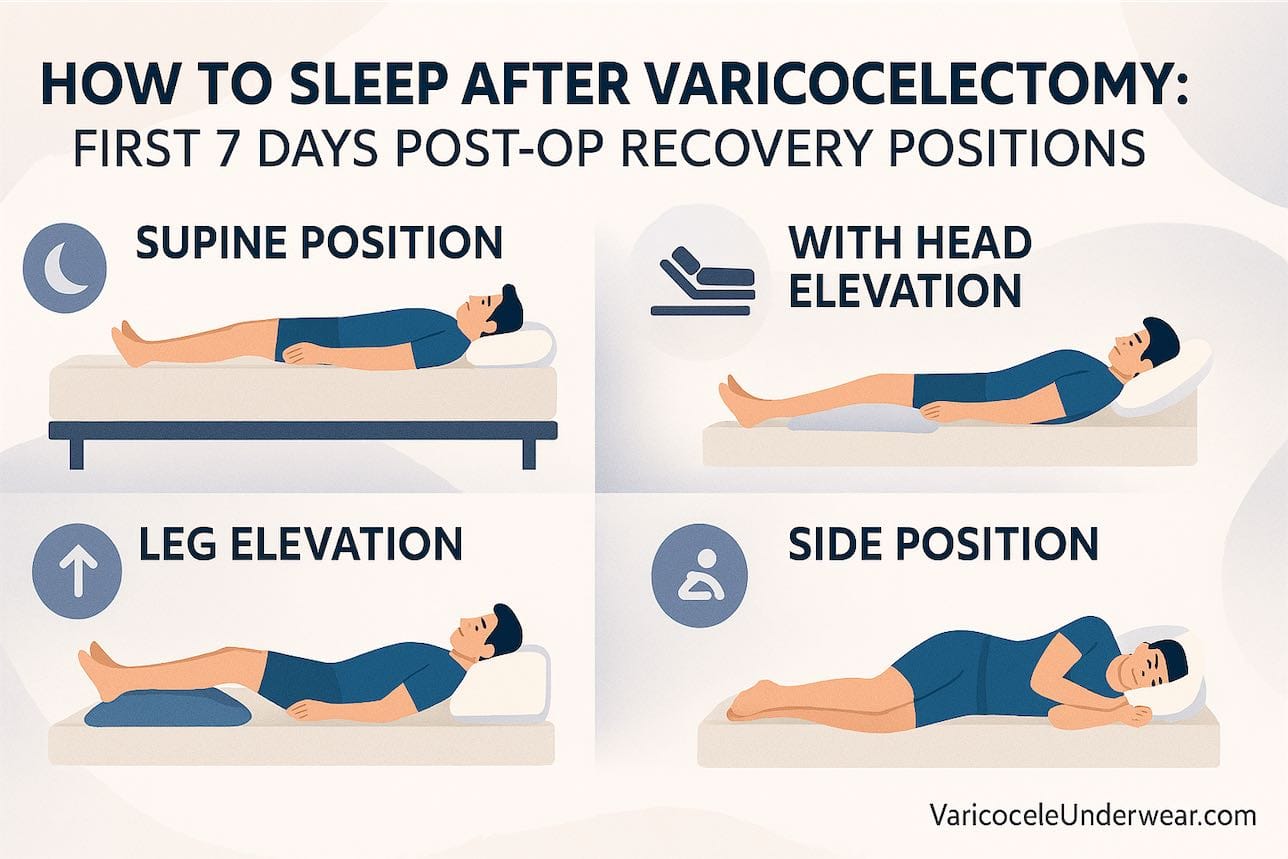 Varicocelectomy Recovery Sleeping Positions First Week Infographic With Back, Elevated, And Side Posture Guidance.