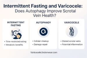 Intermittent Fasting Varicocele Infographic Showing Autophagy Effects On Vein Health, Inflammation, And Cellular Repair Mechanisms