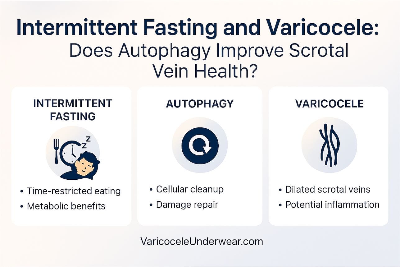 Intermittent Fasting Varicocele Infographic Showing Autophagy Effects On Vein Health, Inflammation, And Cellular Repair Mechanisms