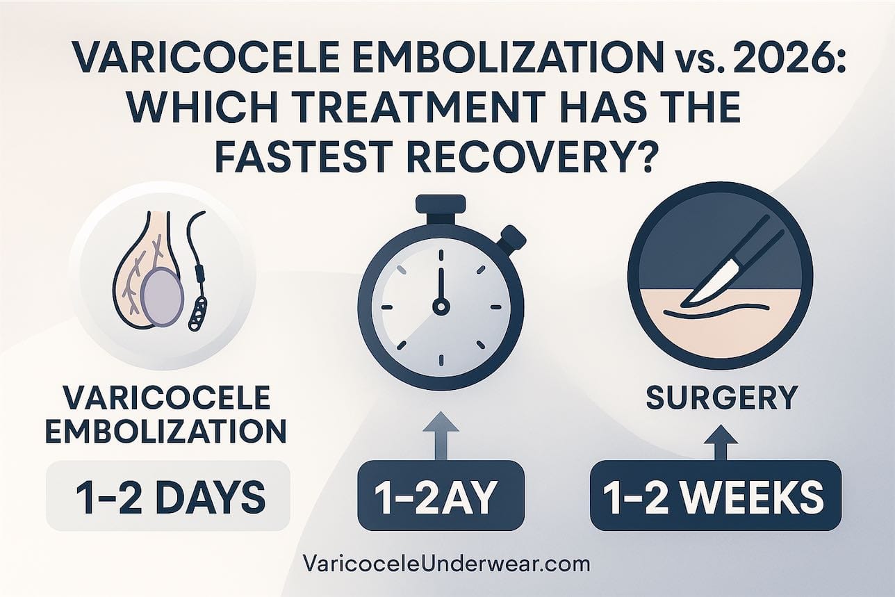 Varicocele Embolization Vs Surgery Recovery Time Comparison 2026 Infographic With Treatment Outcomes And Healing Speed.
