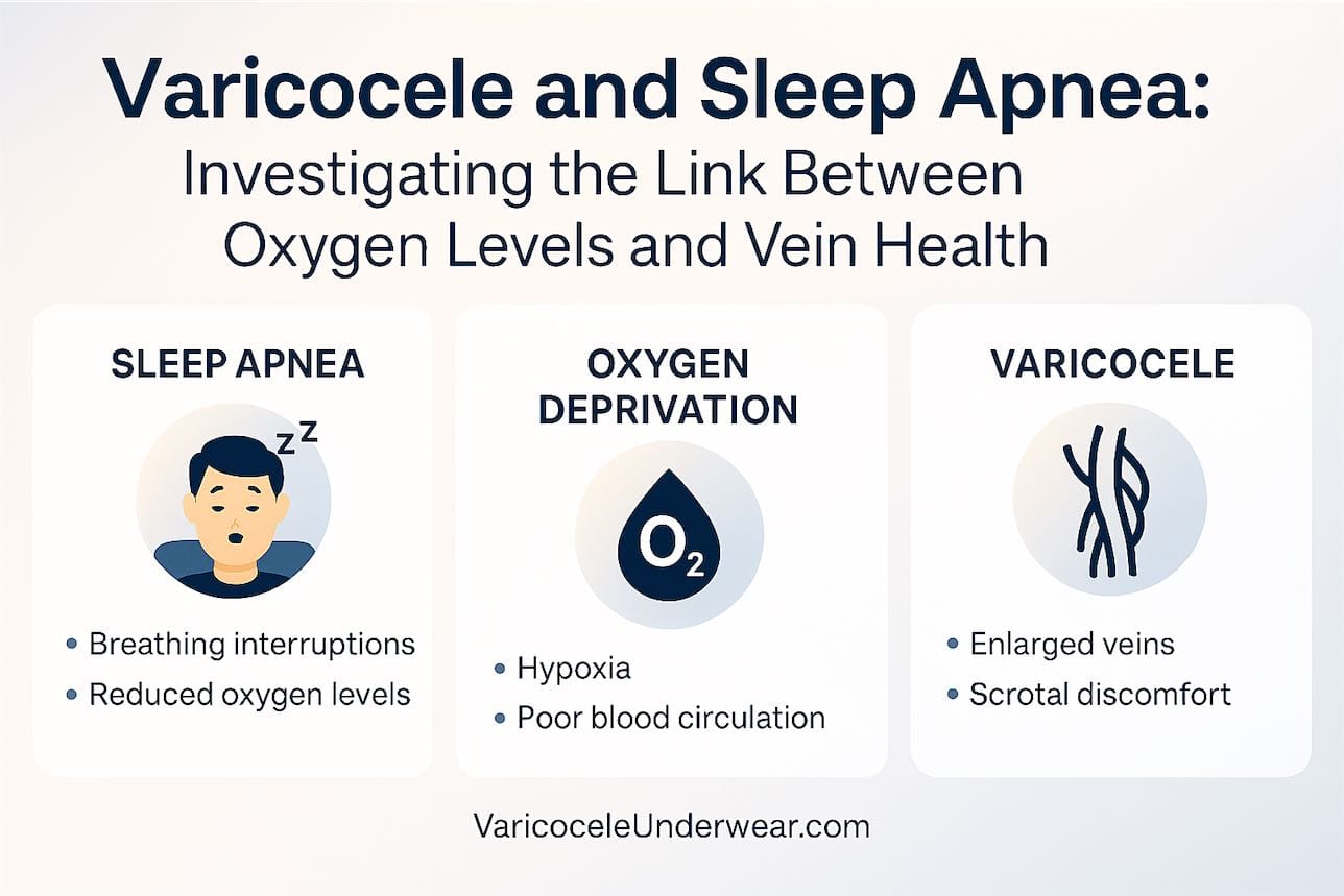 Varicocele And Sleep Apnea Infographic Showing Oxygen Deprivation Effects On Vein Health, Hypoxia Risks, And Monitoring Tips For Men